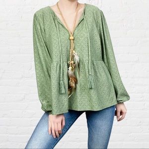 Versona | Light Olive Green Peasant Eyelet Tasseled Tie Neck Boho Chic Blouse